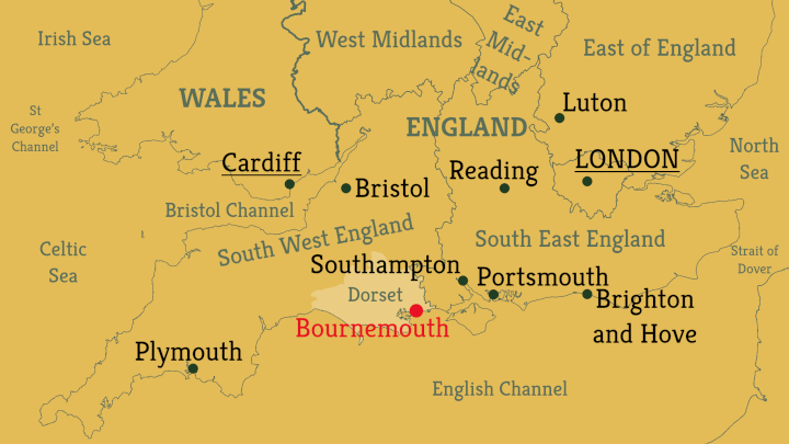 Map of Bournemouth in Southern England