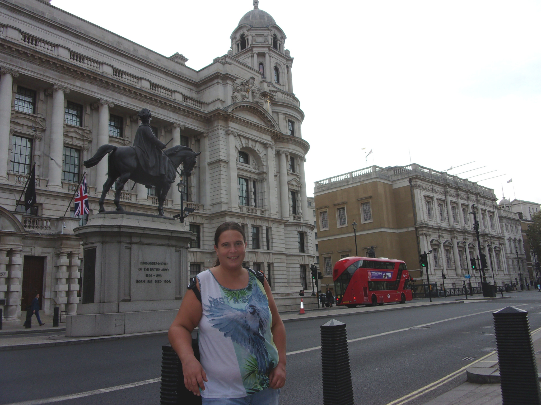 Jasmin at Whitehall in front of the equestrian statue of Prince George, Duke of Cambridge.