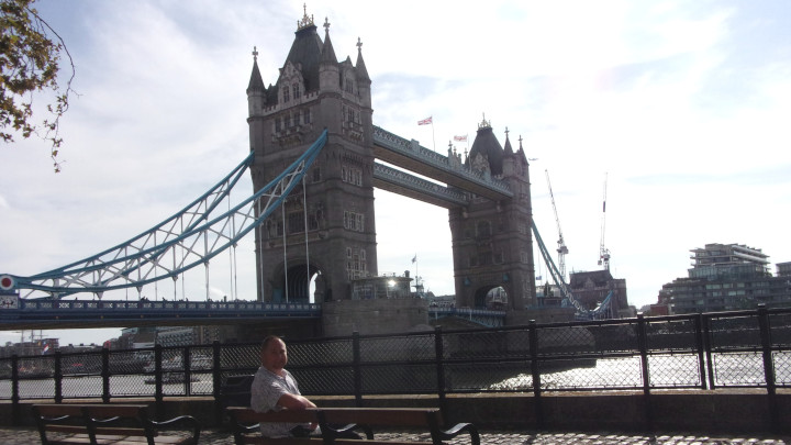 Tower Bridge from the riverbank of the Thames.