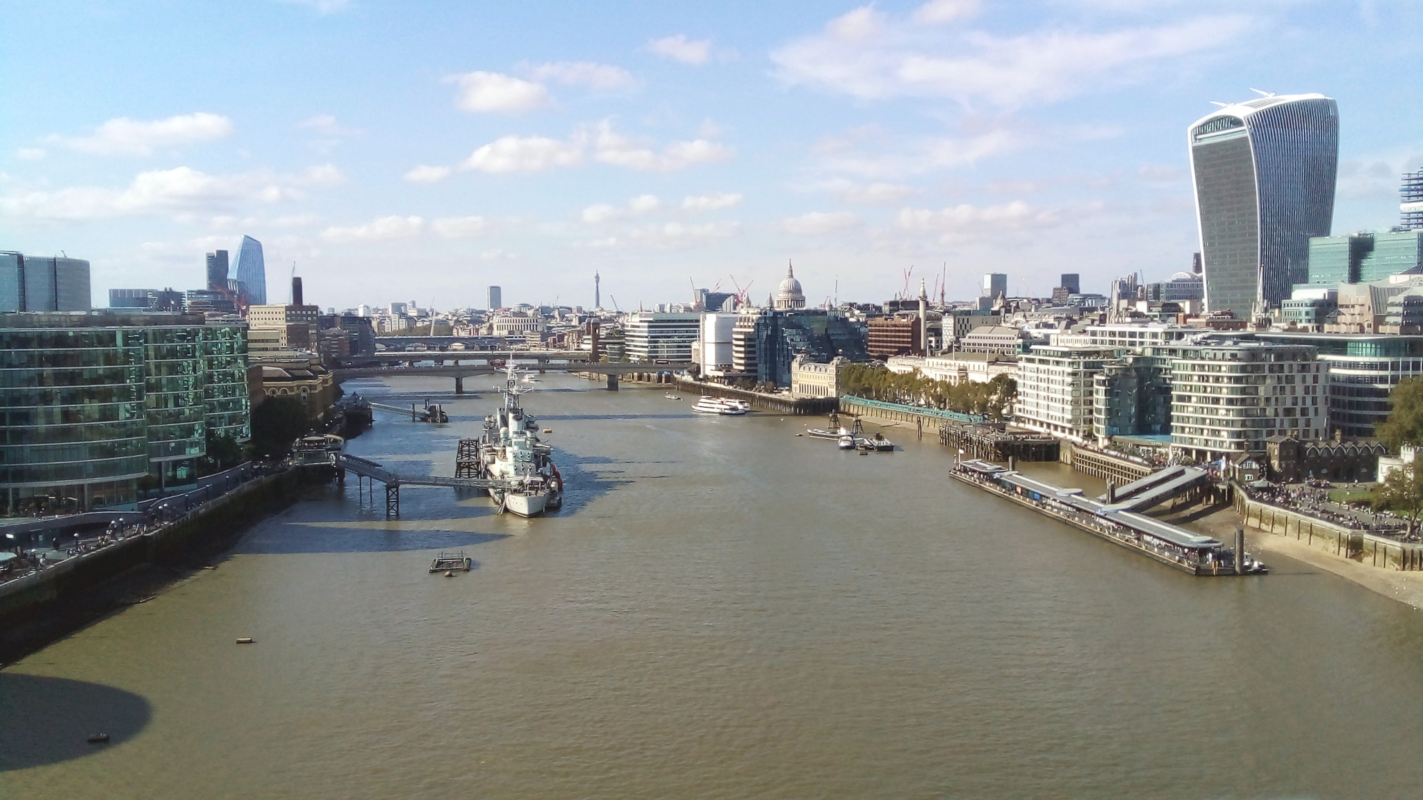 London as seen from the western upper walkway of the Tower Bridge.