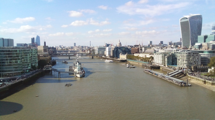 London as seen from the western upper walkway of the Tower Bridge.